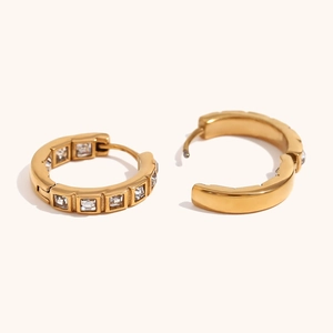 18K gold-plated stainless steel hoop earrings with inset square crystals on a clean background