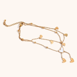 Double-layer gold heart anklet with white shell inlay and beaded tassel chains