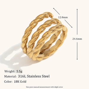 Three-layer twisted 18K gold plated stainless steel ring with full product dimensions