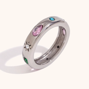 Bague en acier inoxydable plaqué argent 18K avec zircons géométriques colorés