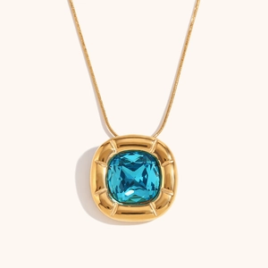 18K gold plated snake chain necklace with a square aquamarine zircon flower pendant