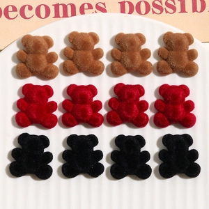 Cute velvet flocking teddy bear DIY accessories in brown, red, and black resin set