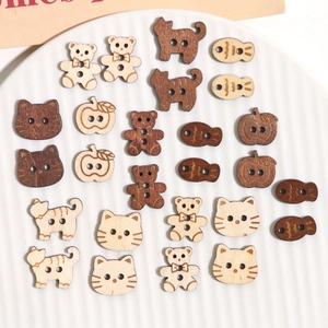 Cartoon animal and fruit wooden buttons with cat, bear and apple shapes for DIY crafts