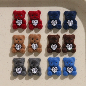 Beflockter Bär DIY Schmuckzubehör Mit Herz Zirkonia Acryl Tierknöpfe Für Kopfbedeckung Haarklammern Handyhüllen Dekoration