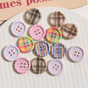 Vintage Round Wooden Plaid Printed Buttons Four Hole Decorative Sewing Buttons For DIY Clothing Coat Hat Handcrafted Accessories