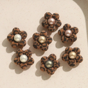Brown leopard print flocked flower accessories with pearl center for DIY jewelry making