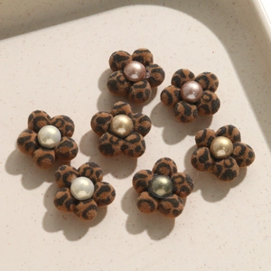 7pcs leopard print flocked flower charms with center pearls for DIY jewelry and hair accessories