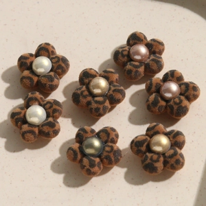 Brown leopard flocking flower accessories with assorted pearls for DIY jewelry crafts