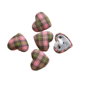 Pink and green plaid heart fabric buttons with metal back for DIY crafts and sewing