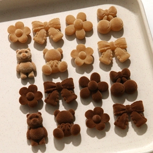 DIY flocked teddy bear and flower hair accessories in warm coffee and khaki tones
