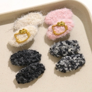 Plush wool fabric oval hair clips with Hello Kitty metal charm in various colors