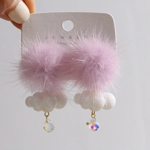 Cute lavender pompom earrings with white 3D cloud charms and crystal waterdrop pendants