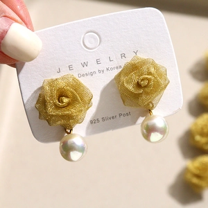 Elegant woven metal rose earrings with hanging pearls and 925 silver posts