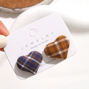 British style plaid fabric heart-shaped earrings with 925 silver needles in blue and orange