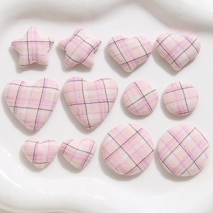 Pink and purple plaid fabric buttons in star, heart, and round shapes for DIY accessories