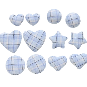 Blue and white checkered fabric decorative buttons in heart, star, and round shapes