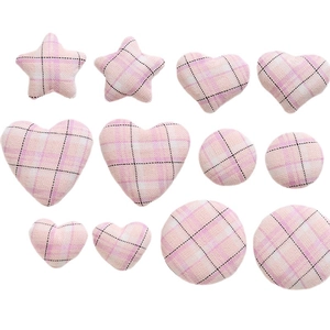 Pink checkered fabric buttons in star, heart, and round shapes for DIY apparel decor