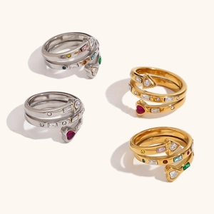 Fashion 18K Gold Plated 316L Stainless Steel Spiral Open Ring For Women Heart Arrow Colorful Zirconia Inlay Jewelry