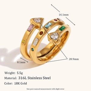 Three-layer 18K gold stainless steel wrap ring with heart and colorful zircon stones