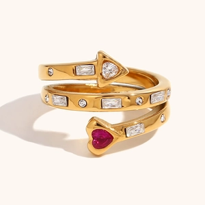 Three-layer 18K gold-plated open ring with heart, arrow elements and zircon inlays