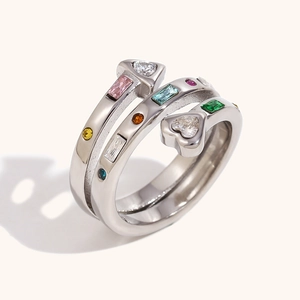 Three-layer 18K gold plated heart and arrow silver ring with colorful zircon stones