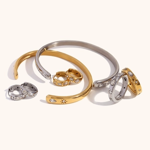 18K Gold Plated Stainless Steel Star Zirconia Jewelry Set Geometric Water Drop Circle Earrings Bracelet Ring For Women