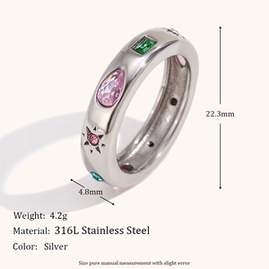 Polished silver stainless steel ring with colorful zircon stones and star engravings
