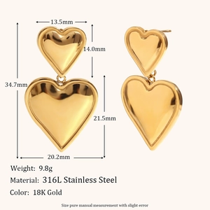 Orecchini a doppio cuore in acciaio inossidabile placcato oro 18K con dimensioni