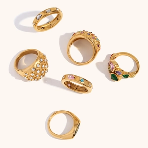 Set of 18K gold plated stainless steel rings featuring colorful zircon stones and shapes