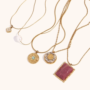 Colliers en acier doré 18K avec pendentifs en marbre, œil maléfique et perles d'eau