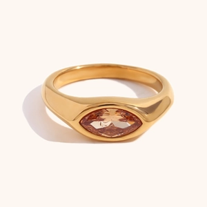 Polished 18K gold plated stainless steel ring with marquise-cut champagne zircon stone