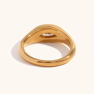 Polished 18K gold plated stainless steel signet ring with a round zircon center stone
