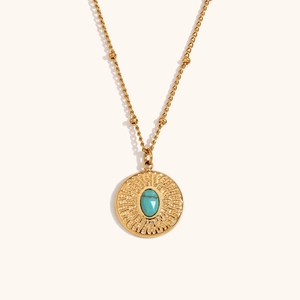 Collier satellite plaqué or 18 carats avec pendentif turquoise et motif soleil