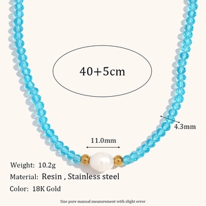 Blauwe hars kralenketting met zoetwaterparel en 18K goud roestvrij staal 40+5cm