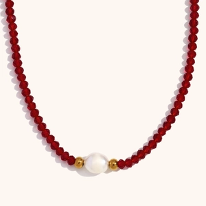 Handmade 18K gold plated stainless steel necklace with red crystal beads and freshwater pearl