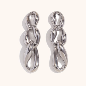 Orecchini a catena a tre maglie oversize in acciaio inossidabile argento lucido