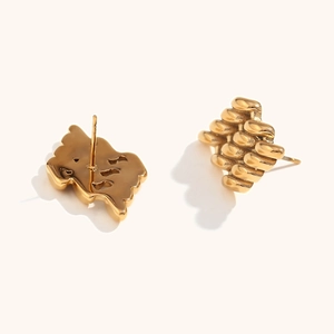 18K gold plated hollow rhombus stud earrings with textured woven relief patterns