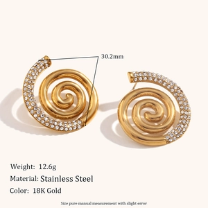 18K gold plated stainless steel spiral stud earrings with sparkling white rhinestones