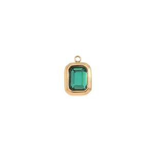 Minimalist 18K gold plated square pendant with emerald green gemstone on white background