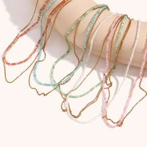 Double Layer Stainless Steel Necklace 18K Gold Plated Amazonite Opal Beaded Chain Minimalist Fashion Jewelry For Women