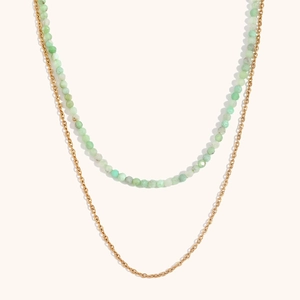 Close-up of double-layered necklace with 18K gold plated chain and green amazonite beads