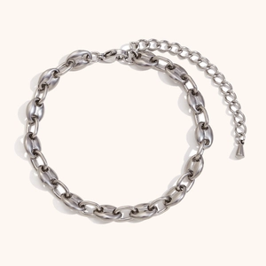 Pulsera de eslabones de granos de café en acero plateado con cadena ajustable y cierre