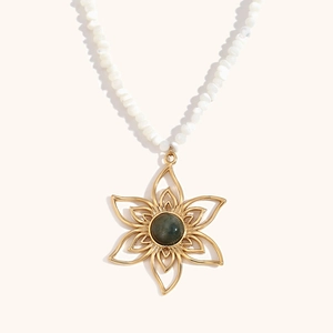 Vintage 18K gold plated flower pendant necklace with green stone and white beads