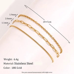 Three-piece stackable 18K gold plated stainless steel anklet set with various link chains
