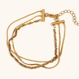 Three-layer 18K gold plated stainless steel anklet set with snake and curb chains