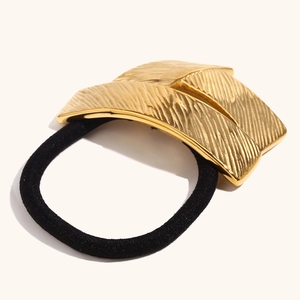 18K gold plated stainless steel origami hair tie with black elastic rope band