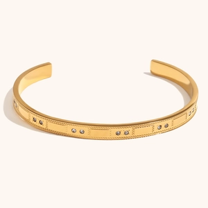 Minimalist 18K gold-plated stainless steel cuff bracelet with zircons and geometric pattern