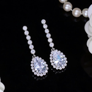 Macro view of silver teardrop earrings with AAA cubic zirconia and pear-cut design