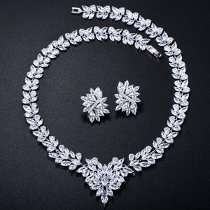 Macro detail of silver necklace and earrings set with marquise and pear cut zircons