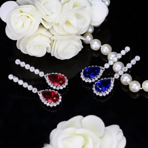 Elegant pear cut red and blue cubic zirconia teardrop earrings for bridal evening events